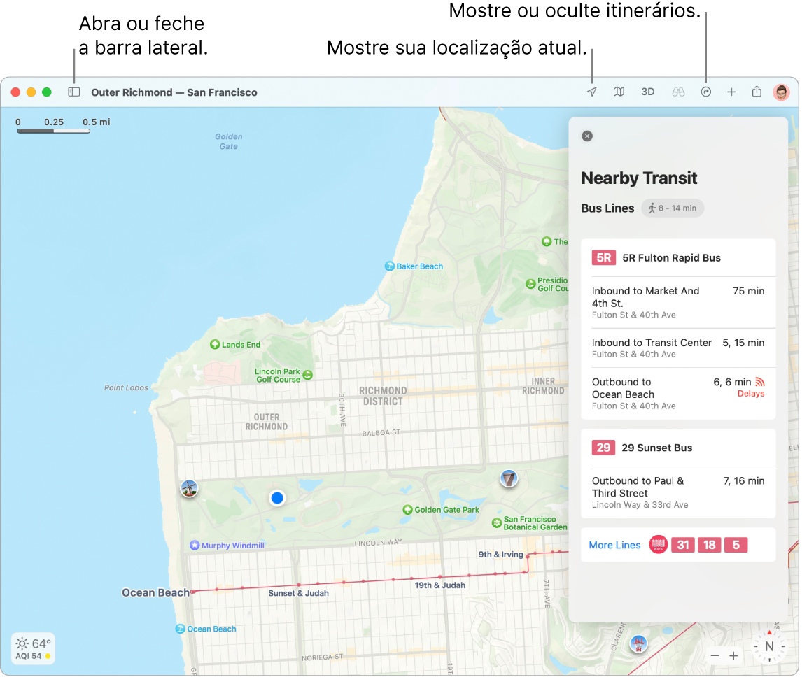 Uma janela do app Mapas mostrando como clicar em um destino na barra lateral para obter itinerários, como abrir e fechar a barra lateral, e como encontrar sua localização atual no mapa.