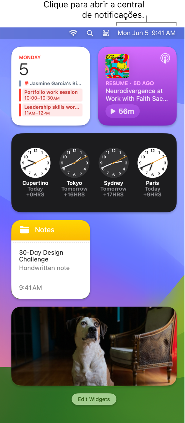 A central de notificações com notificações e widgets para as aplicações Calendário, Meteorologia, Relógio e Tempo de ecrã.