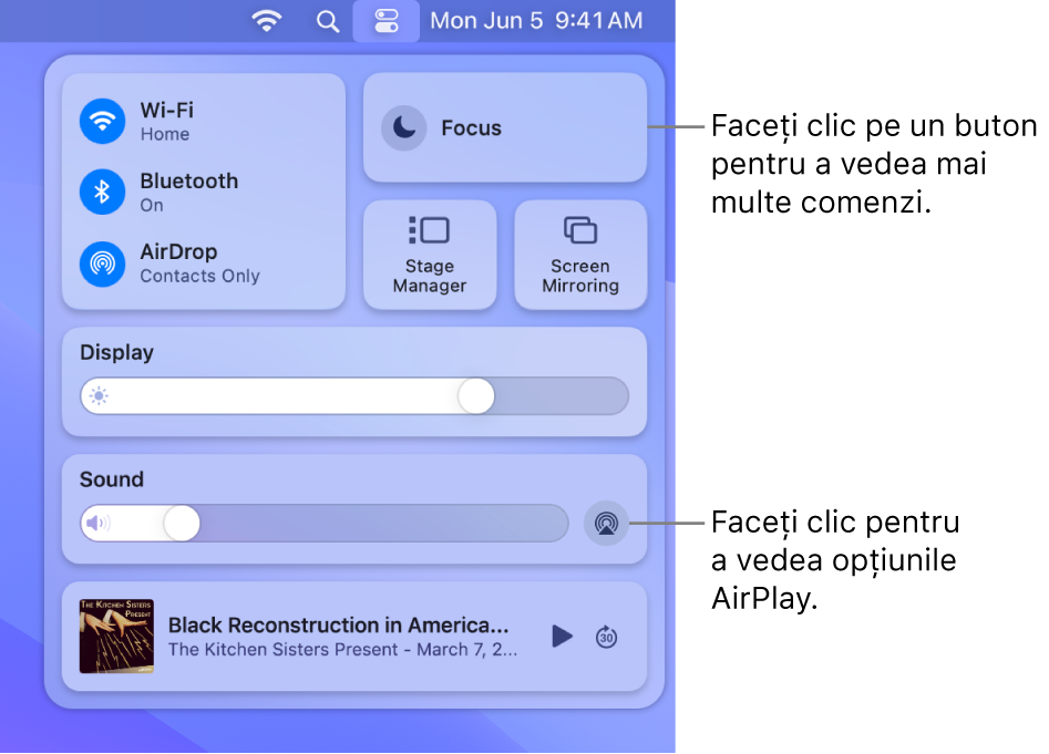Vizualizare mărită a centrului de control de pe Mac.