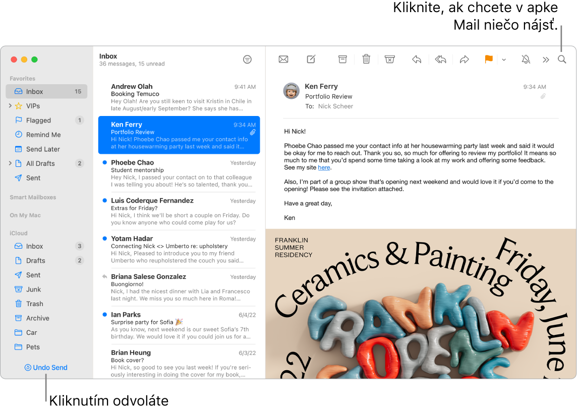 Okno apky Mail zobrazujúce naľavo postranný panel s priečinkami Obľúbené, Dynamické schránky a iCloud, pri postrannom paneli zoznam správ a napravo obsah vybranej správy.