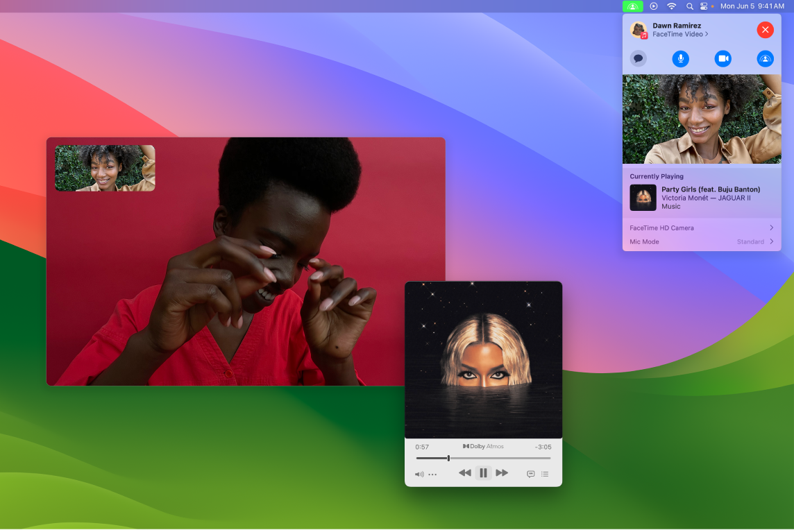 Okno apky FaceTime zobrazujúce hovor, kde účastníci pomocou funkcie SharePlay spoločne počúvajú album.