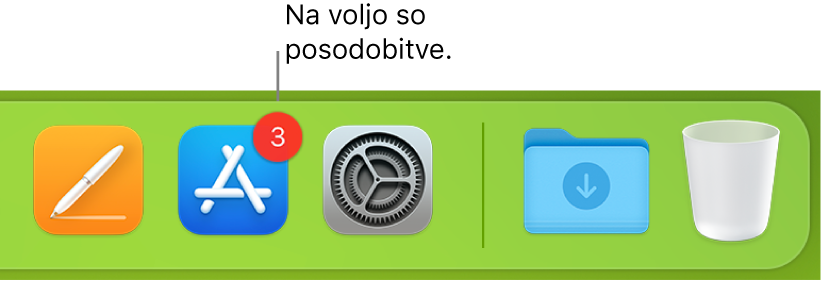 Del vrstice Dock, ki prikazuje ikono trgovine App Store z značko, kar pomeni, da so na voljo posodobitve.
