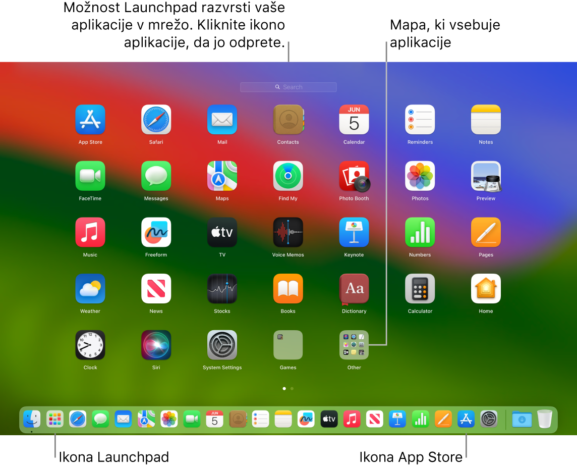 Zaslon Mac z odprtim zaganjalnikom aplikacij Launchpad, prikazano mapo aplikacij v zaganjalniku Launchpad ter ikonama Launchpad in App Store v vrstici Dock.