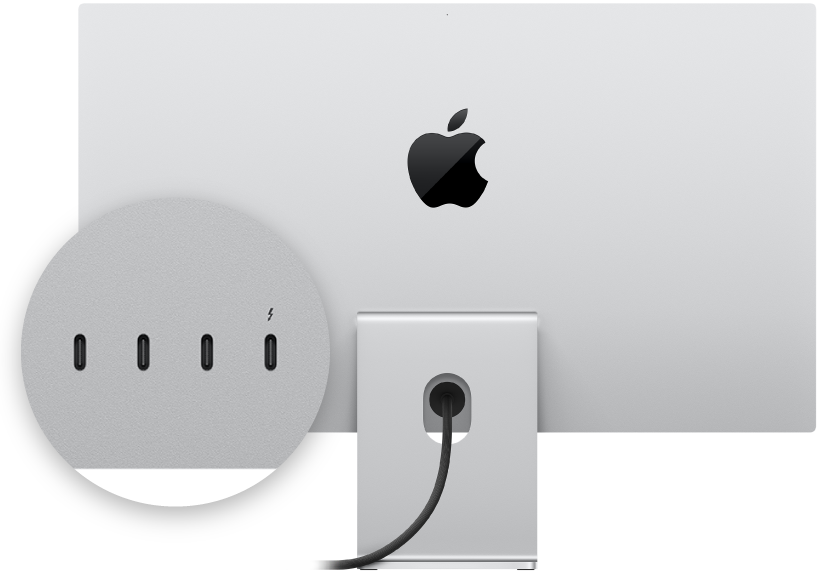 Vista posterior de la pantalla Studio Display d’Apple amb una imatge ampliada dels ports.