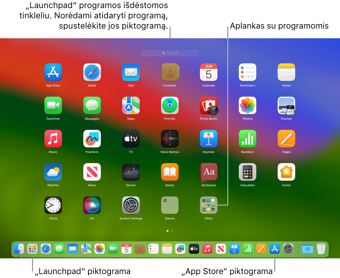 „Mac“ ekrane atidaryta funkcija „Launchpad“: rodomas „Launchpad“ programų aplankas, „Dock“ juostoje matomos „Launchpad“ ir „App Store“ piktogramos.