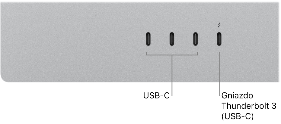 Zbliżenie tyłu wyświetlacza Studio Display z trzema gniazdami USB-C po lewej oraz gniazdem Thunderbolt 3 (USB-C) po prawej.