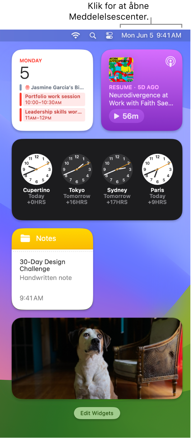 Notifikationscenter med notifikationer og widgets til Kalender, Vejr, Ur og Skærmtid.