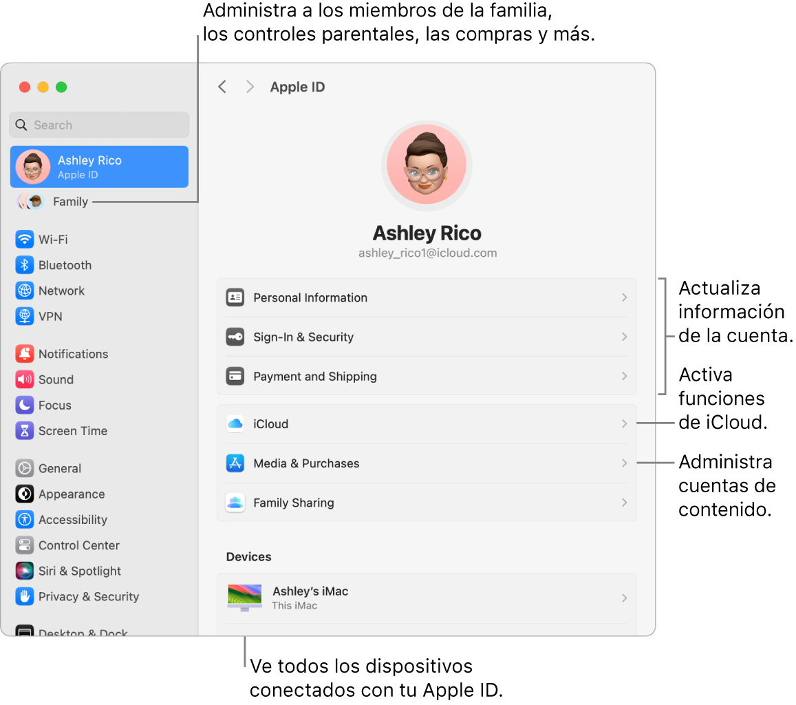 La configuración de Apple ID en Configuración del Sistema con textos para actualizar la información de la cuenta, activar o desactivar funciones de iCloud, administrar cuentas de contenido, y Familia, donde puedes administrar familiares, controles parentales, compras y más.