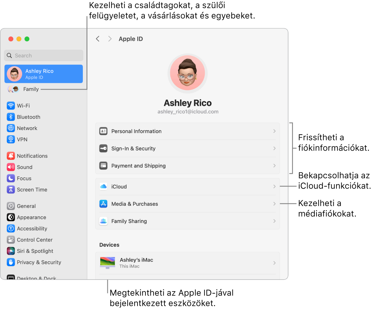 A Rendszerbeállítások Apple ID beállításai a fiókadatok frissítésére, az iCloud-funkciók be- vagy kikapcsolására, a médiafiókok kezelésére és a Családra (itt kezelheti a családtagokat, a szülői felügyeletet, a vásárlásokat stb.) mutató képfeliratokkal.
