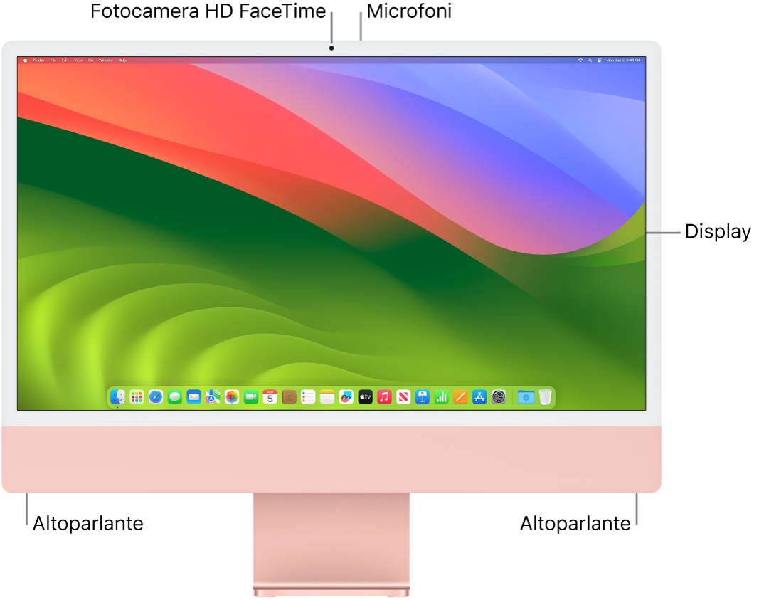 Vista frontale di iMac che mostra il monitor, la fotocamera, i microfoni e gli altoparlanti.