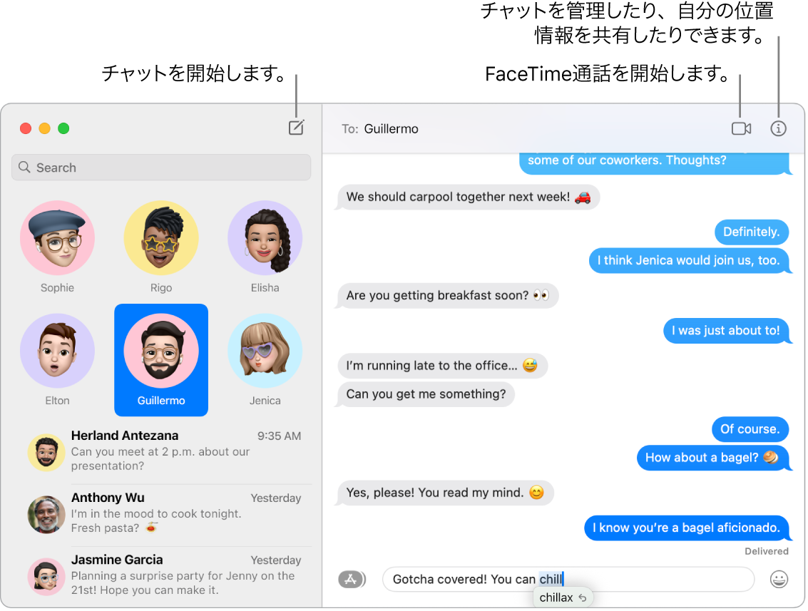 メッセージウインドウ。チャットの開始方法とFaceTime通話の開始方法を示しています。