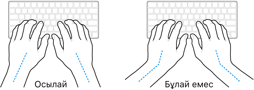 Білек пен қолдың дұрыс және дұрыс емес туралауын көрсетіп тұрған үстінде қолдар бар пернетақта.