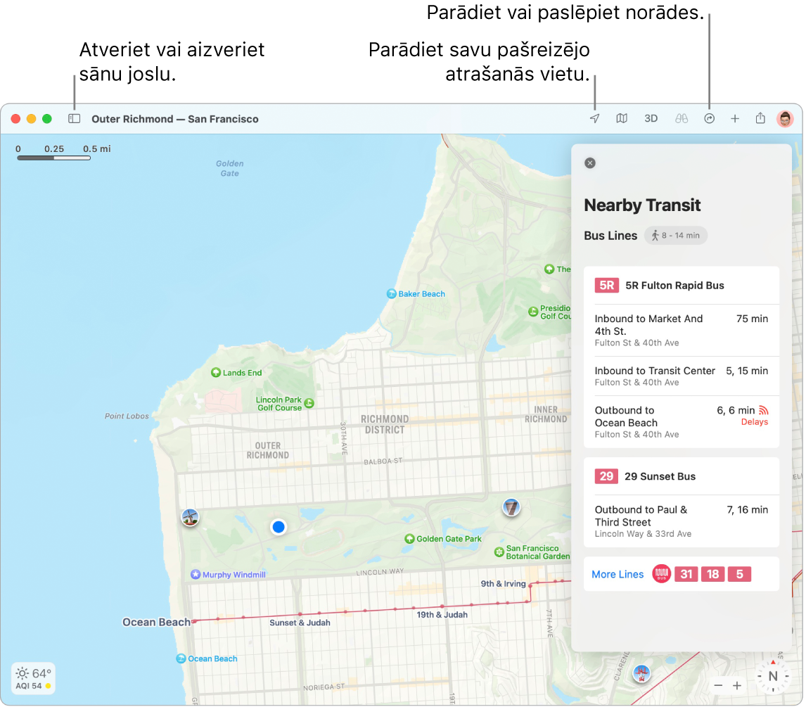 Lietotnes Maps logā redzams, kā iegūt norādes, klikšķinot uz galamērķa sānu joslā, kā atvērt vai aizvērt sānu joslu un kā atrast savu atrašanās vietu kartē.