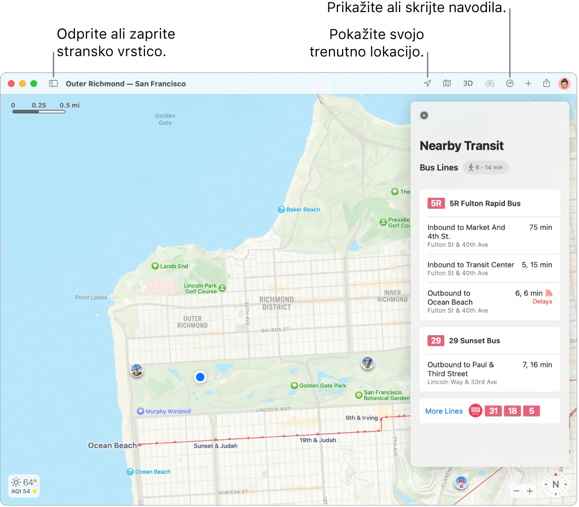 Okno aplikacije Maps, v katerem je prikazano, kako pridete do destinacije, tako, da jo kliknete v stranski vrstici, kako odprete ali zaprete stransko vrstico in kako na zemljevidu najdete svojo trenutno lokacijo.