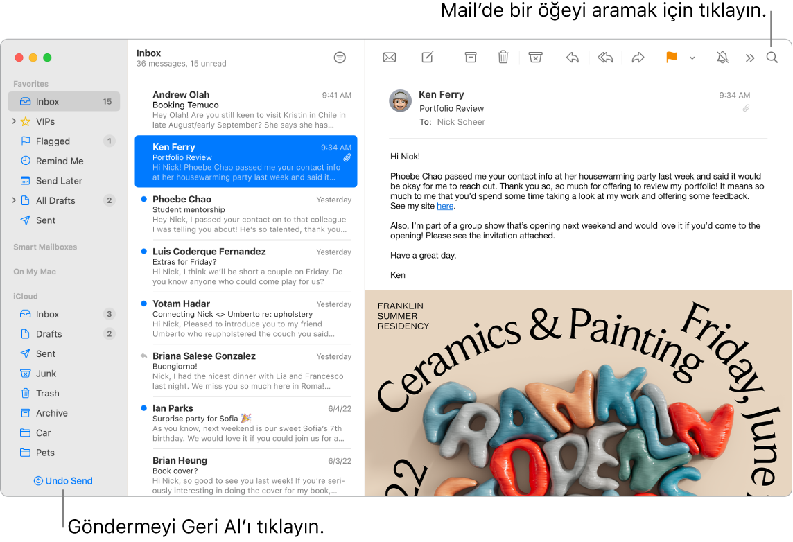 Sol tarafta Favoriler, Akıllı Postaları ve iCloud klasörleriyle kenar çubuğunu, kenar çubuğunun yanında ileti listesini ve sağ tarafta seçili iletinin içeriğini gösteren Mail penceresi.