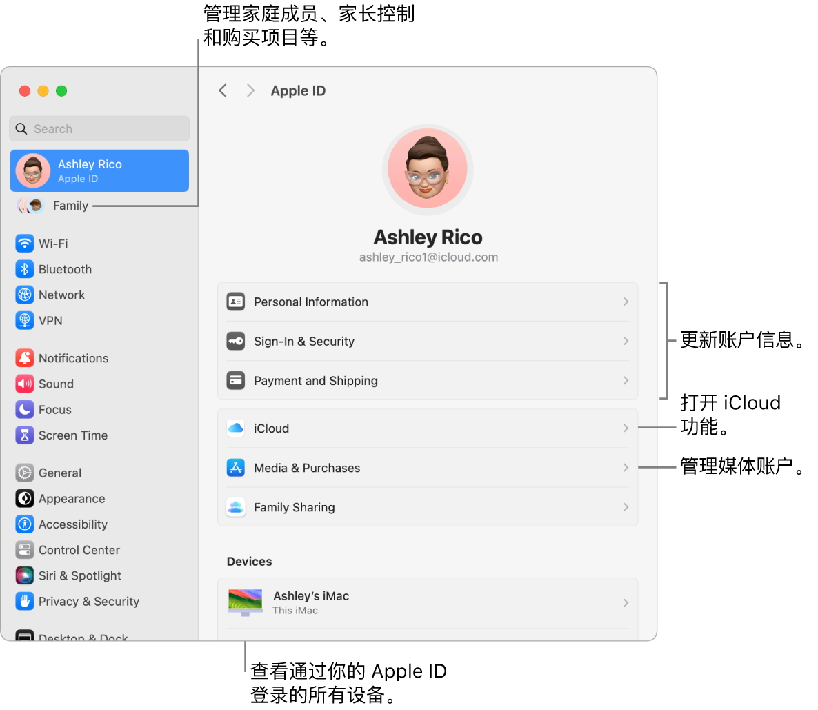 “系统设置”中的 Apple ID 设置，包含更新账户信息、打开或关闭 iCloud 功能、管理媒体账户和“家人共享”（可在其中管理家庭成员、家长控制和购买项等等）的标注。