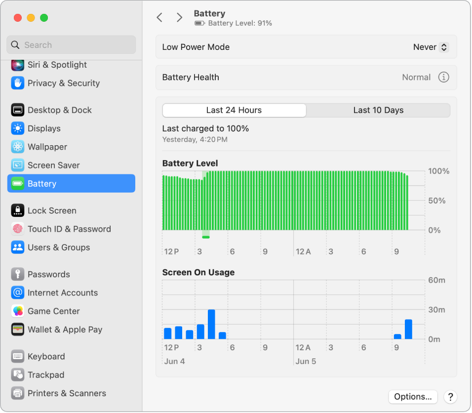 Прозорец Battery Settings (Настройки на батерия), който показва Energy Usage (Използване на енергия) през последните 10 дни. Прозорецът също показва нормално състояние на Battery Health (Състояние на батерията) и има опция за включване на Low Power Mode (Режим Пестене на енергия).