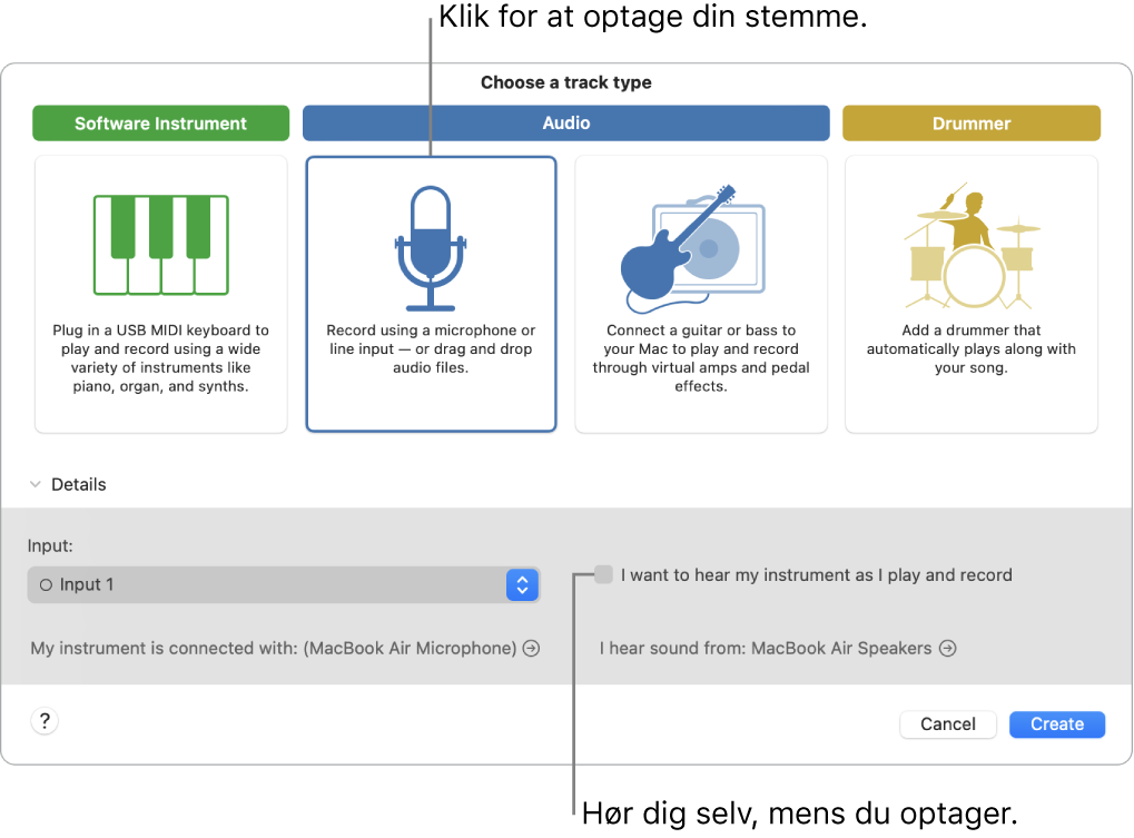 Instrumentvinduet i GarageBand viser, hvor du skal klikke for at optage din stemme og for at høre dig selv, når du optager.