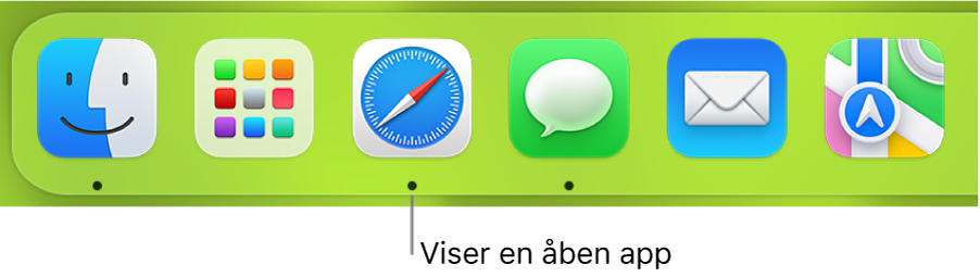 En del af Dock, hvor der er en sort prik under de åbne apps.