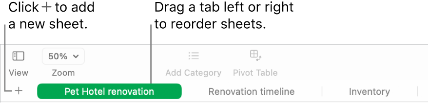 A Numbers window showing how to add a new sheet and how to reorder sheets.