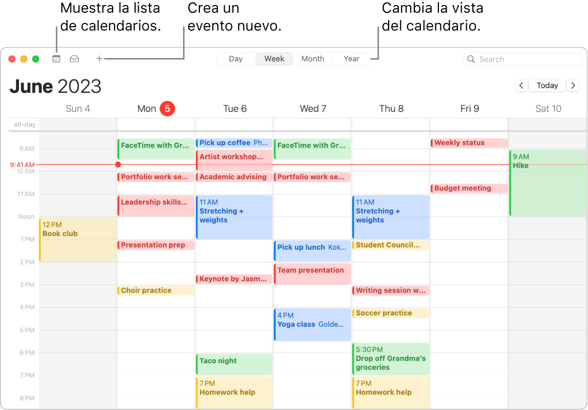 Ventana de Calendario mostrando la lista de calendarios, cómo crear un evento, y cómo seleccionar la vista por días, semanas, meses o años.