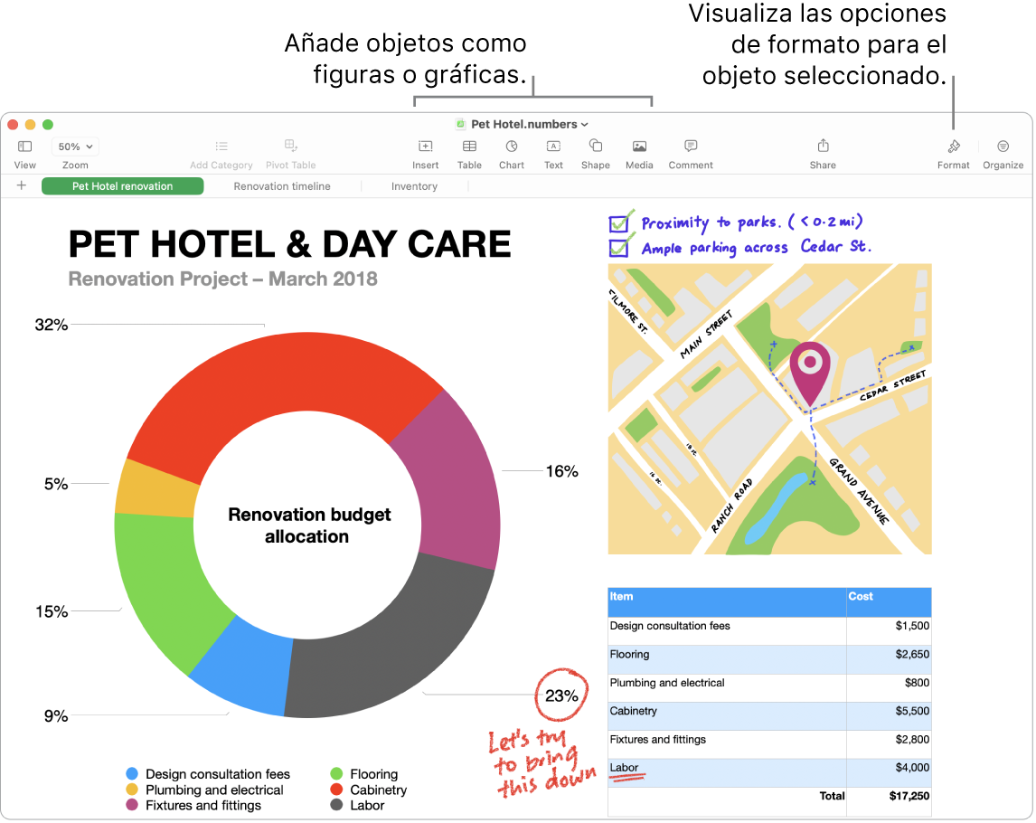 Una ventana de Numbers con la barra de herramientas y sus herramientas de edición en la parte superior, el botón Colaborar cerca de la parte superior derecha y los botones Formato y Organizar en la parte derecha.