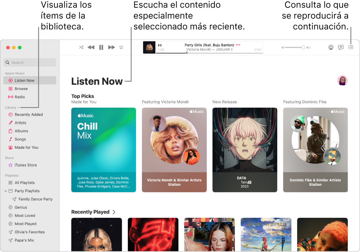 Una ventana de la app Música donde se muestra cómo ver tu biblioteca, escuchar Apple Music y ver qué se reproducirá a continuación.