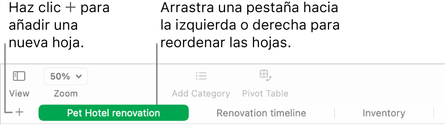 Ventana de Numbers donde se muestra cómo añadir una nueva hoja y cómo reordenar las hojas.