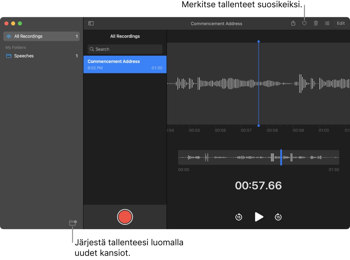 Sanelin-ikkuna, jossa näkyy, kuinka luodaan uusia kansioita tai merkitään äänityksiä suosikeiksi.