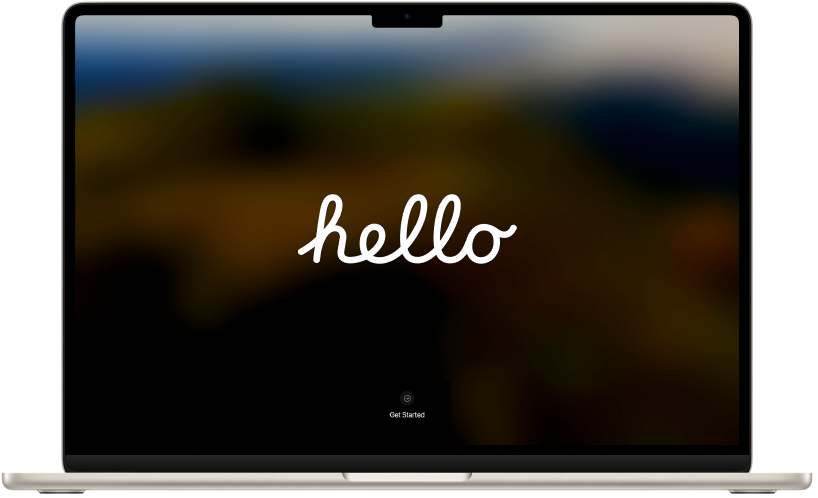 Un MacBook Air ouvert avec le mot « bonjour » et un bouton indiquant « Démarrer » à l’écran.