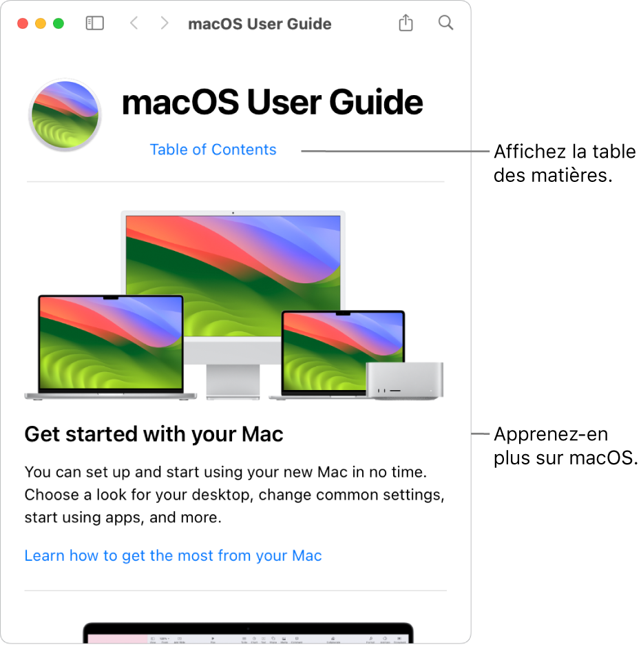 La page d’accueil du guide d’utilisation de macOS présentant le lien Table des matières.