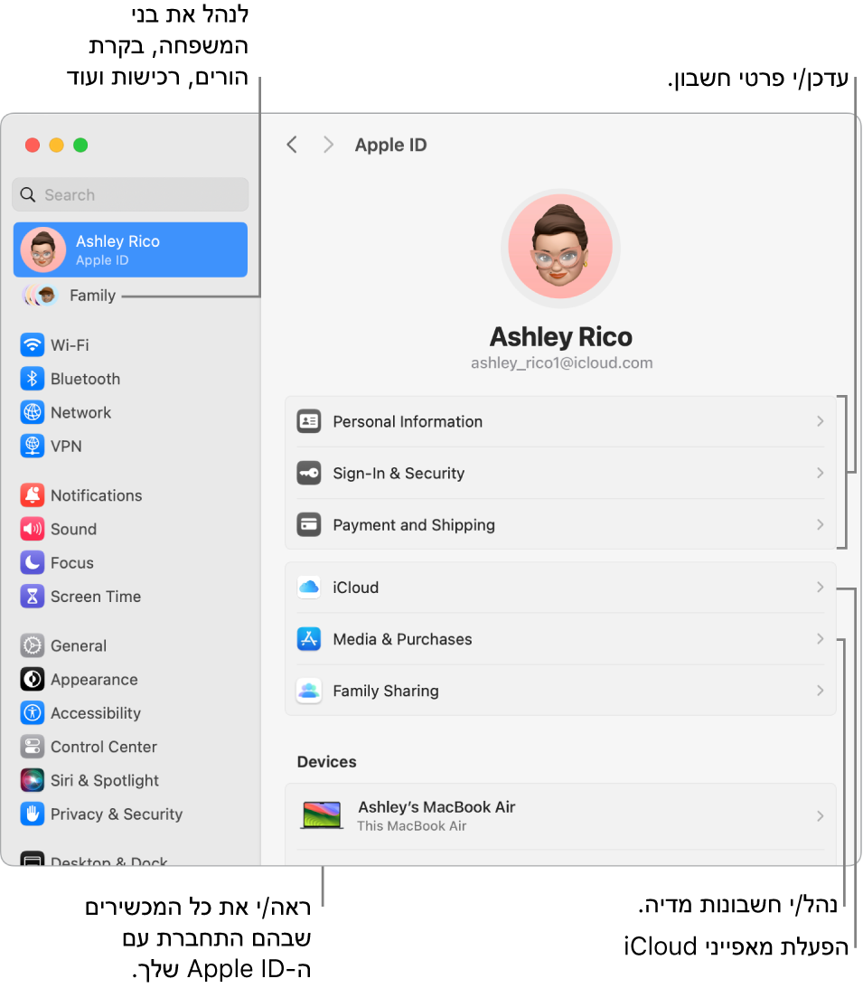 הגדרות Apple ID בתוך ״הגדרות המערכת״ עם הסברים על עדכון פרטי החשבון, הפעלה או כיבוי של מאפייני iCloud, ניהול חשבונות מדיה ו״משפחה״, שם ניתן לנהל בני משפחה, בקרי הורים, רכישות ועוד.