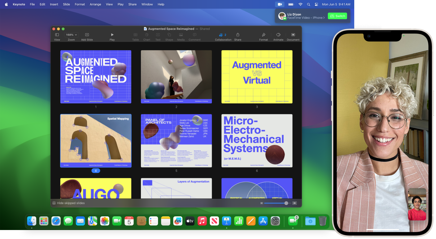 FaceTime poziv na iPhoneu pored radne površine računala Mac s otvorenim prozorom aplikacije Keynote. U gornjem desnom kutu računala Mac nalazi se tipka za prebacivanje FaceTime poziva na Mac.