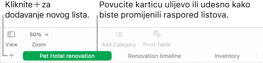 Prozor aplikacije Numbers prikazuje način za dodavanje novog lista i za razvrstavanje listova.