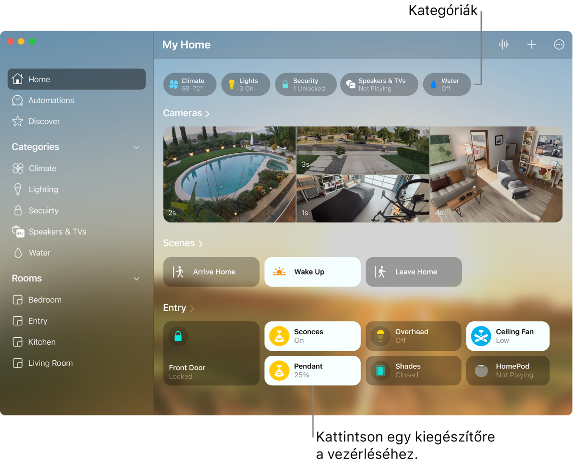 Az Otthon app a kategóriákkal, a kedvenc szcenáriókkal és kedvenc kiegészítőkkel.