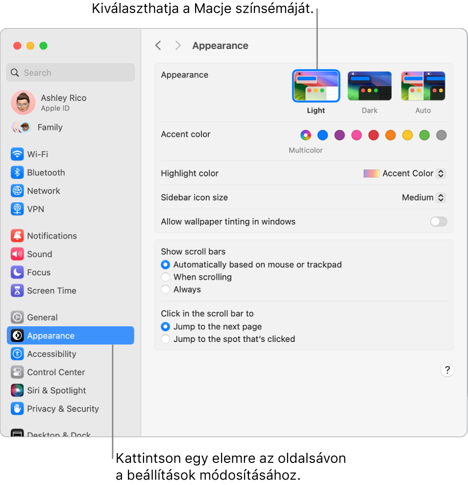 A Rendszerbeállítások Megjelenés ablaka.