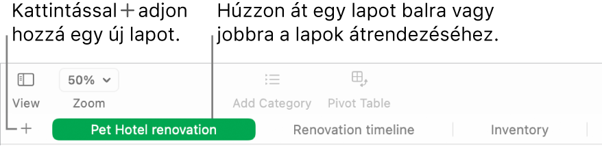 A Numbers ablaka, amelyben a lapok hozzáadásának és átrendezésének módja látható.