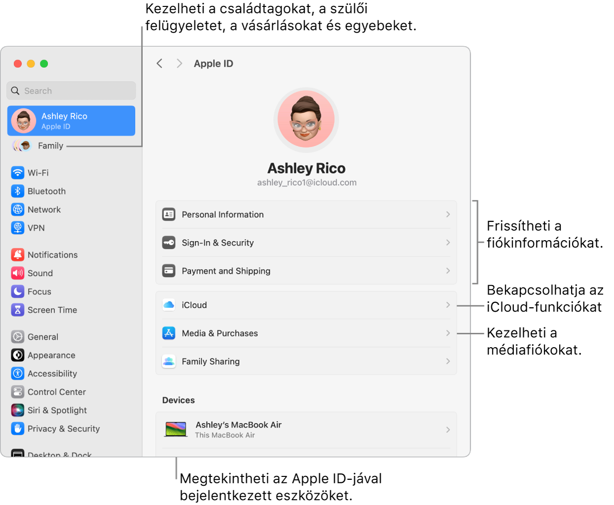 A Rendszerbeállítások Apple ID beállításai a fiókadatok frissítésére, az iCloud-funkciók be- vagy kikapcsolására, a médiafiókok kezelésére és a Családra (itt kezelheti a családtagokat, a szülői felügyeletet, a vásárlásokat stb.) mutató képfeliratokkal.