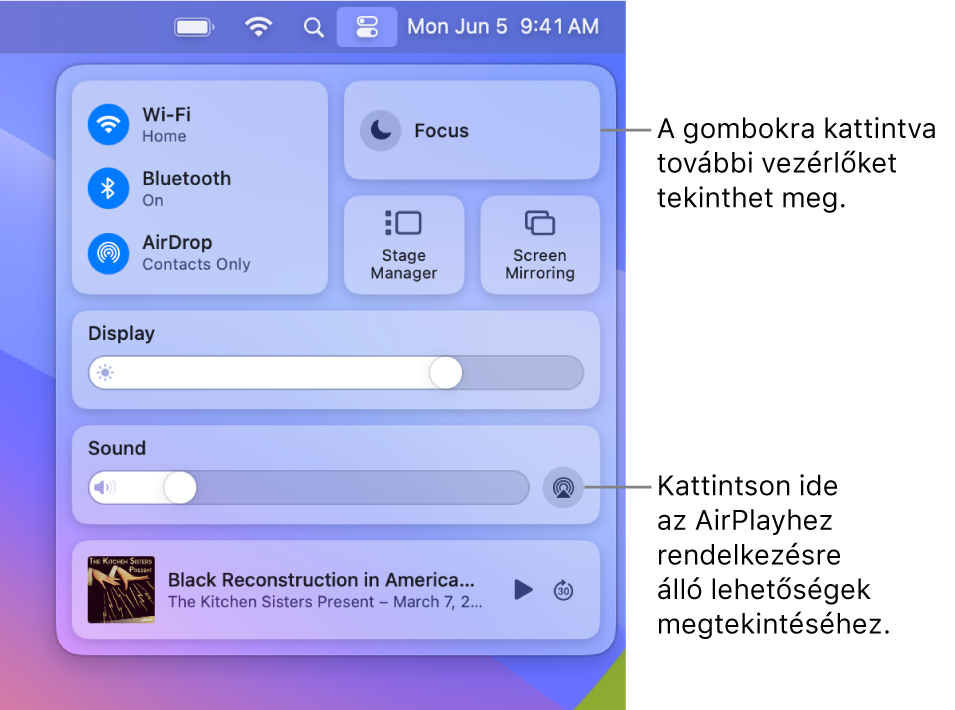 A Mac Vezérlőközpontjának felnagyított nézete és a Kijelző gomb képfelirata.