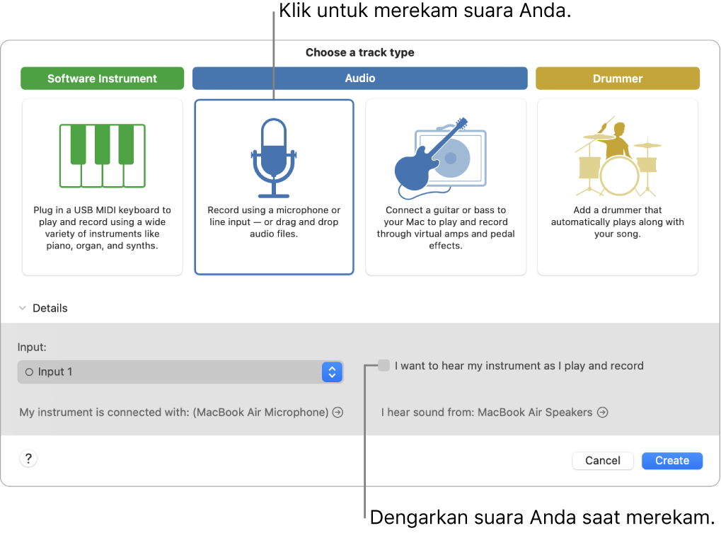 Panel instrumen GarageBand menampilkan tempat Anda mengeklik untuk merekam suara dan cara mendengarkan suara Anda sendiri saat merekam.