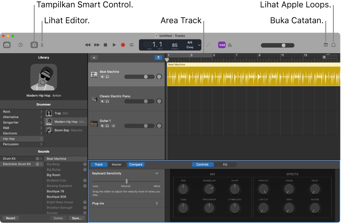 Jendela GarageBand menampilkan tombol untuk mengakses Smart Control, Editor, Catatan, dan Apple Loops. GarageBand juga menampilkan tampilan track.