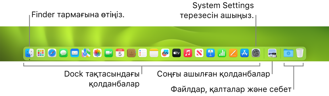 Finder, System Settings және файлдар мен қалталардан қолданбаларды бөлетін Dock тақтасындағы бөлгішті көрсетіп тұрған Dock.