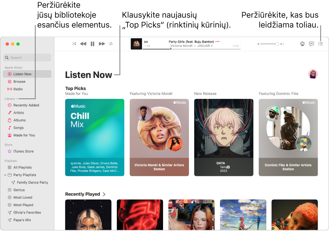Programos „Music“ langas, kuriame rodoma, kaip peržiūrėti biblioteką, klausytis „Apple Music“ ir peržiūrėti tolesnę dainą.