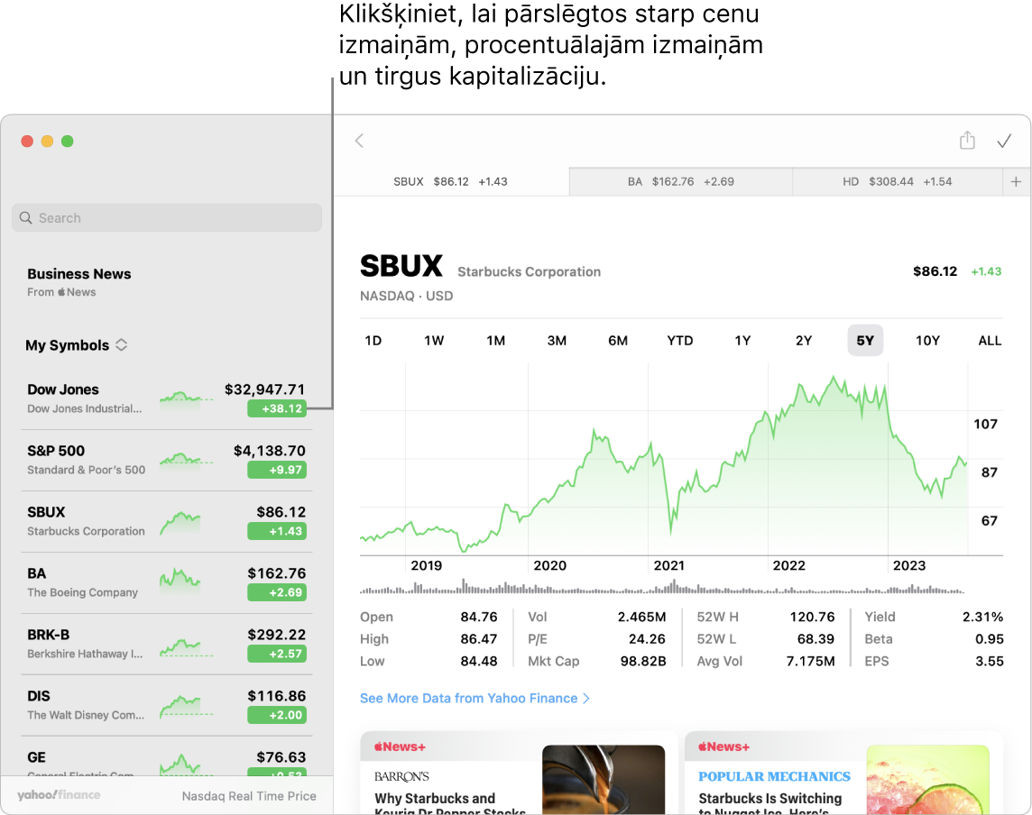 Stocks ekrāns, kurā redzama informācija un raksti par izvēlētajām akcijām, kā arī remarka “Noklikšķiniet, lai pārslēgtu cenu izmaiņas, procentuālās izmaiņas un tirgus kapitalizācijas rādītājus”.