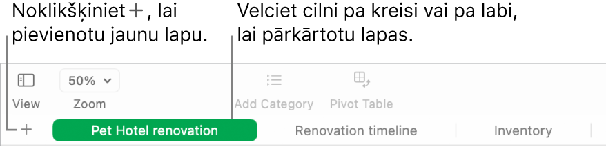 Lietotnes Numbers logā parādīts, kā pievienot jaunu lapu un pārkārtot esošās.