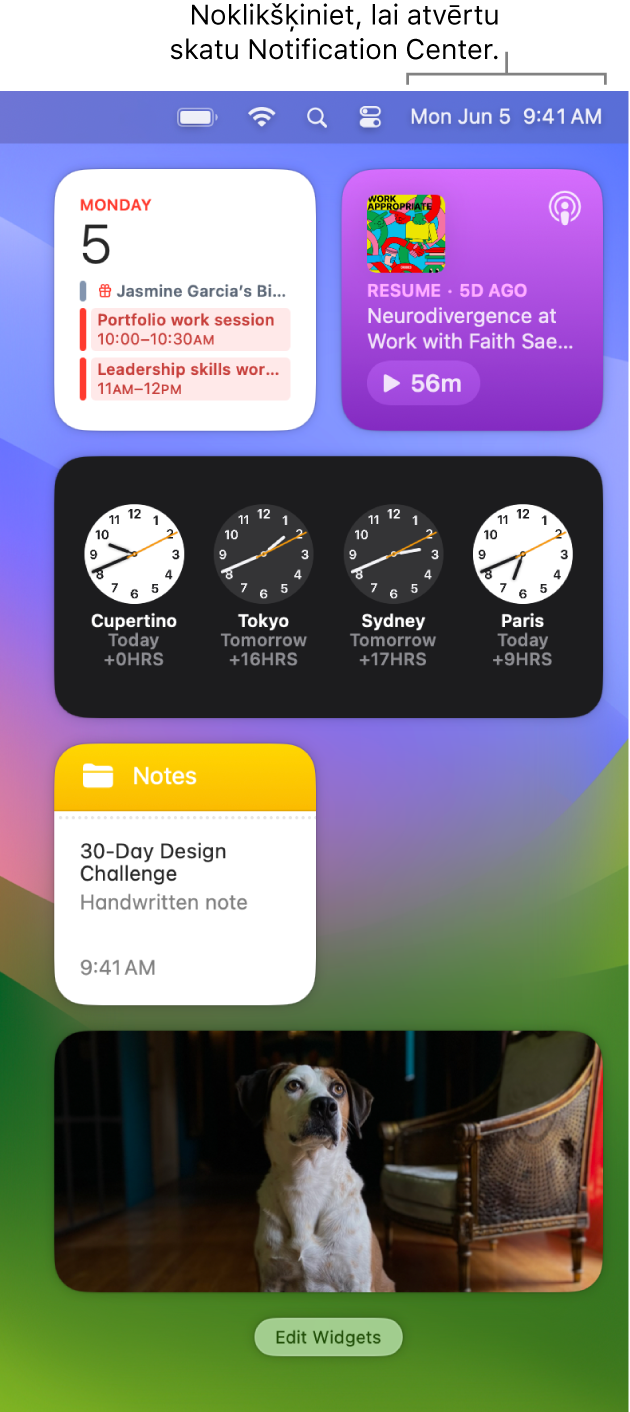 Izvēlne Notification Center ar paziņojumiem un logrīkiem lietotnēm Photos, Home, Calendar un ScreenTime.