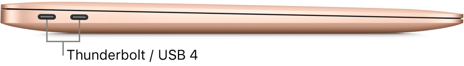Skats uz MacBook Air datoru no kreisā sāna ar remarku pie Thunderbolt/USB 4 portiem.