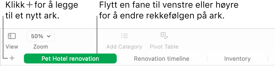 Numbers-vindu som viser hvordan du legger til et nytt ark og hvordan du omorganiserer ark.