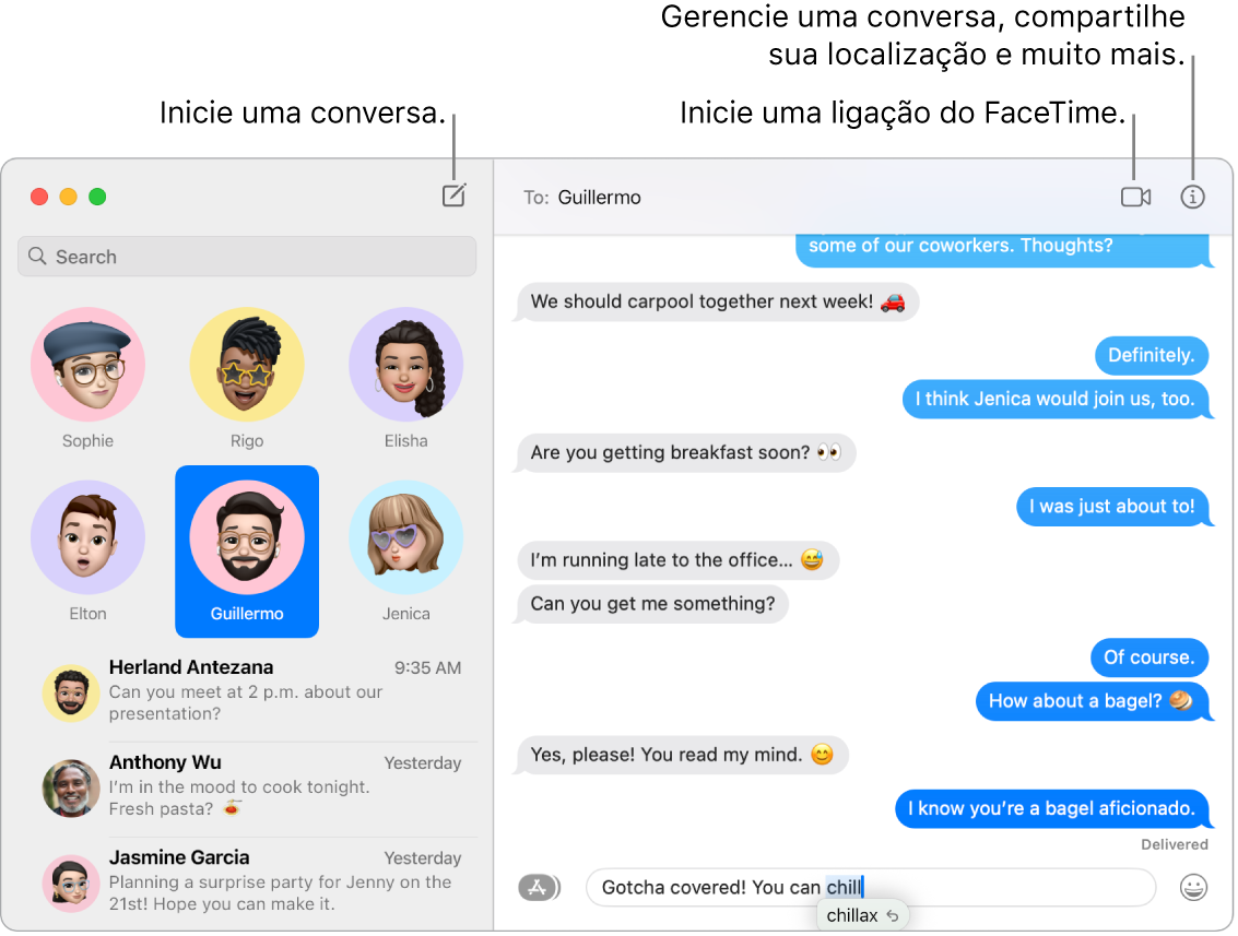 Uma janela do app Mensagens mostrando como iniciar uma conversa e como iniciar uma ligação FaceTime.