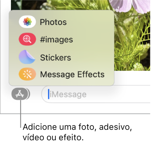 Menu Apps com opções para mostrar fotos, adesivos, GIFs e efeitos em mensagens.